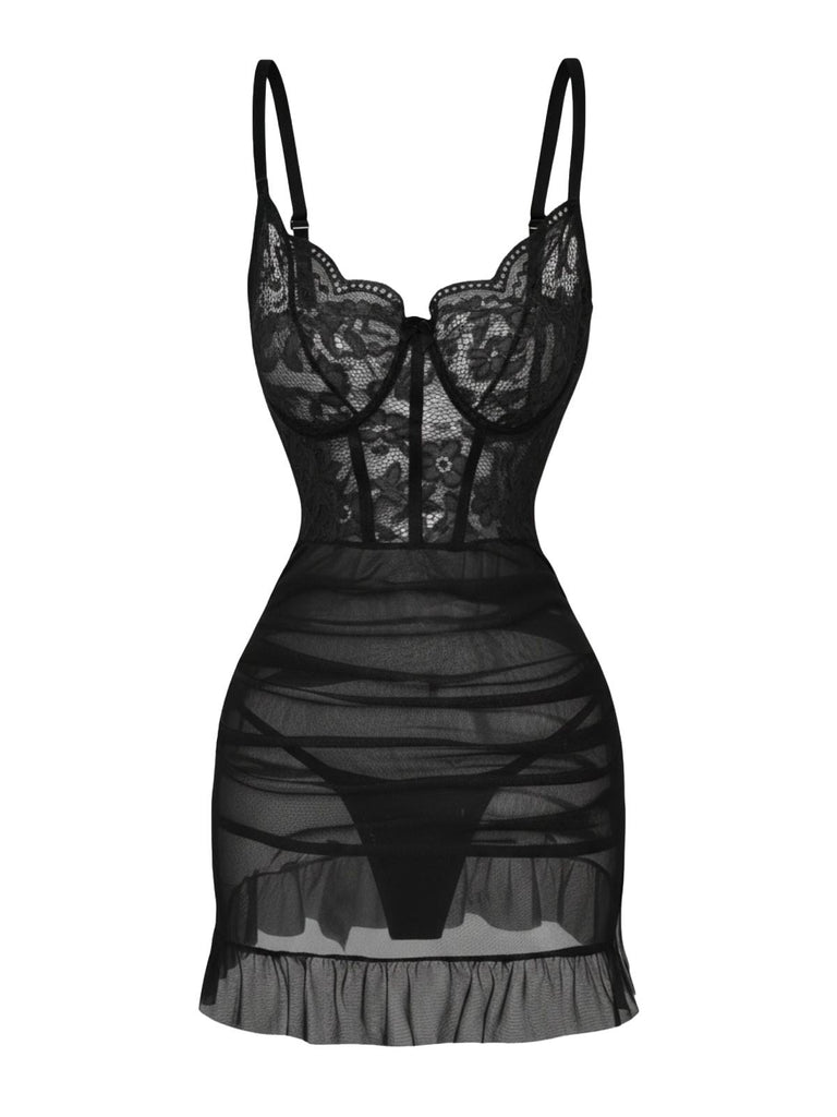 Nuisette en dentelle transparente à armatures et volants années 1980