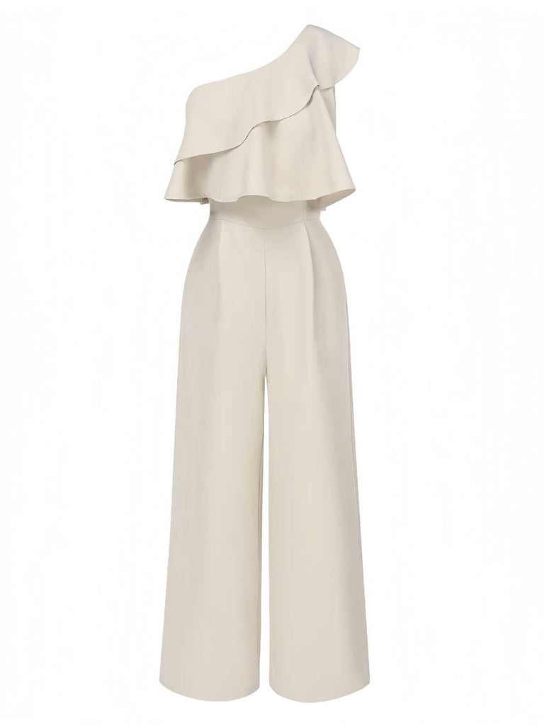Combinaison beige uni asymétrique à volants étagés des années 1970