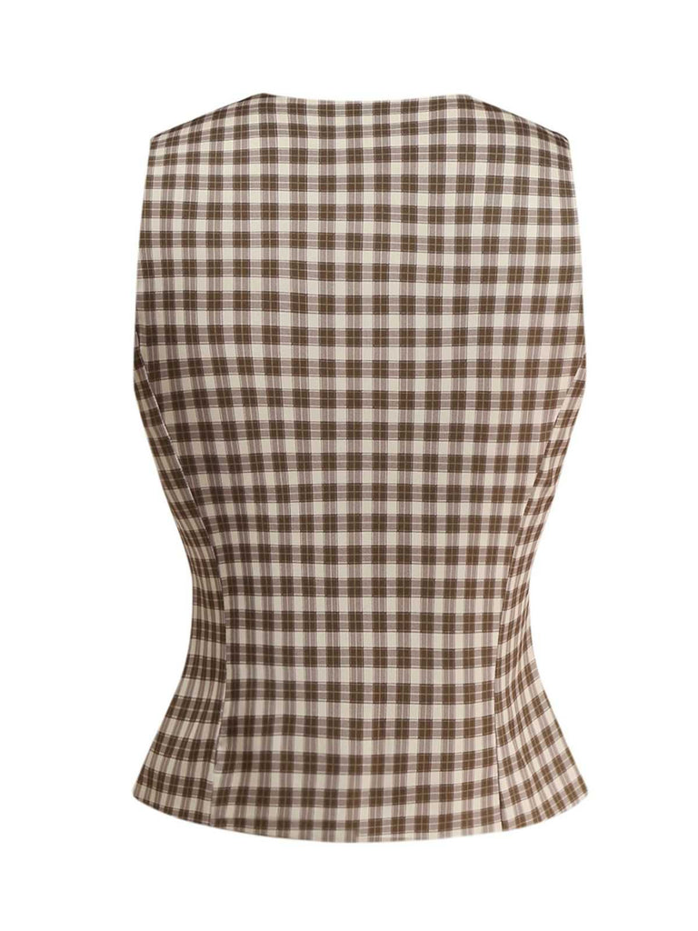 2PCS Gilet et jupe plissés à carreaux vichy marron des années 1960