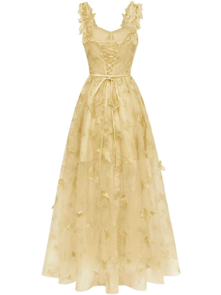 Robe Maxi Bretelles Épaghetti Papillons 3D Maille Années 1930