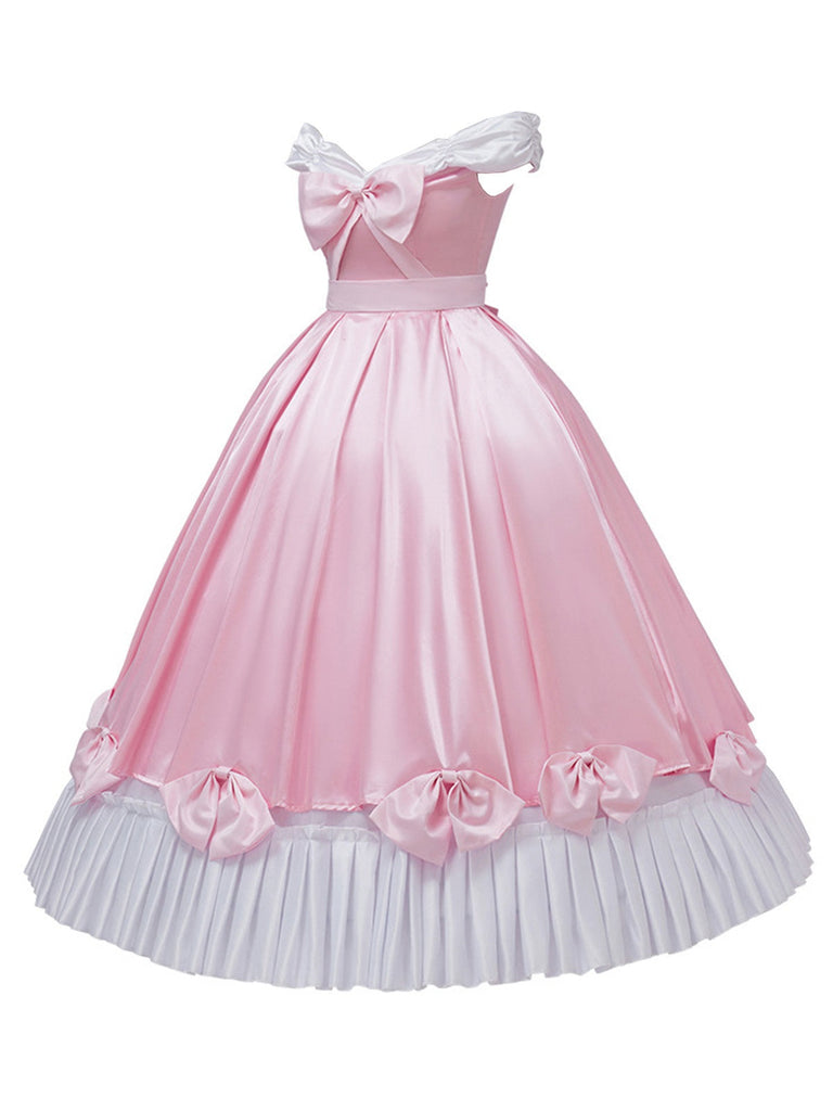 Robe rose à épaules dénudées plissée et ornée d'un nœud en satin années 50