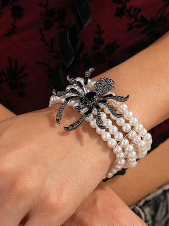 Bracelet vintage en fausses perles avec motif araignée d'Halloween