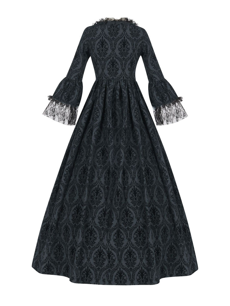 Robe noire gothique victorienne à manches cloche dentelle années 1950