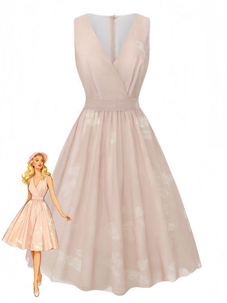 Robe rose sans manches à col V et ceinture florale années 1940