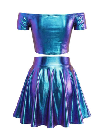 2PCS Haut disco bleu métallisé à épaules dénudées et jupe plissée années 70