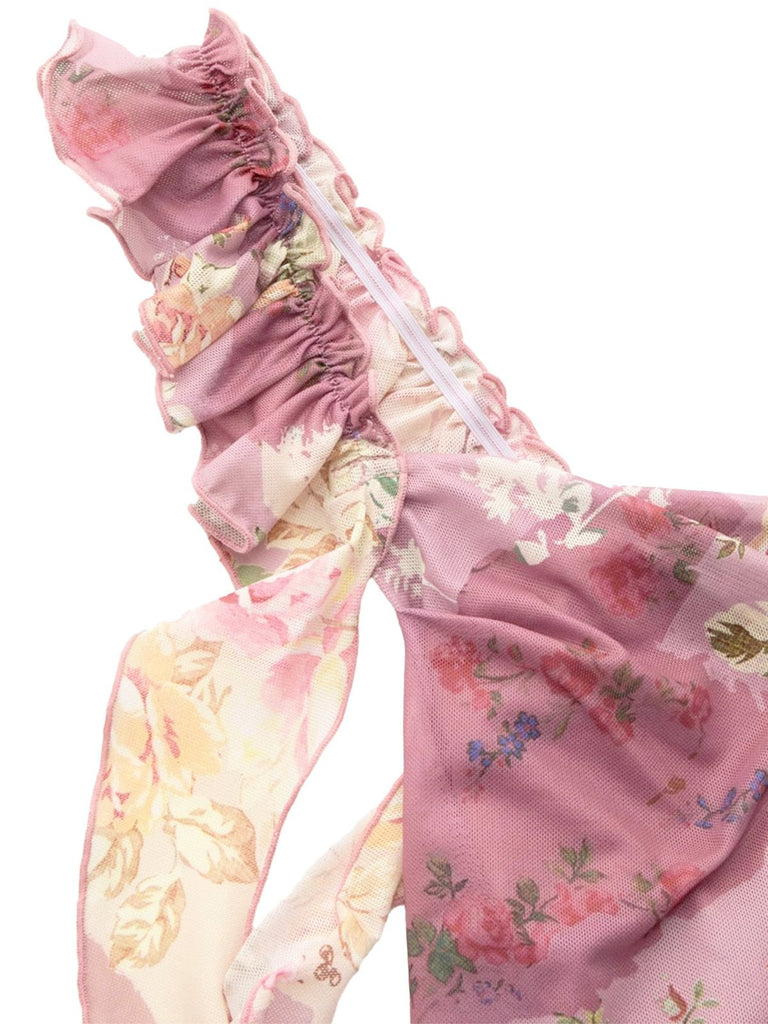 Robe longue rose poudré à volants et détails floraux années 60