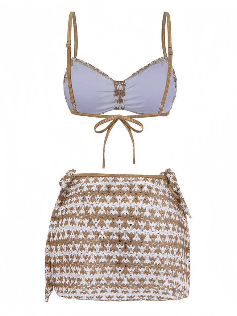 3PCS Kaki Crochet Ajouré Ensemble Bikini & Cache-Maillot Années 1950 3