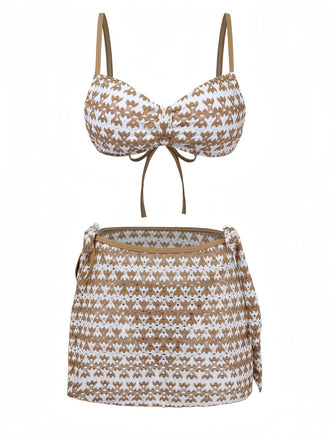 3PCS Kaki Crochet Ajouré Ensemble Bikini & Cache-Maillot Années 1950 2