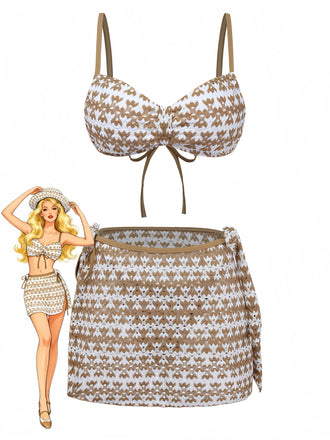 3PCS Kaki Crochet Ajouré Ensemble Bikini & Cache-Maillot Années 1950