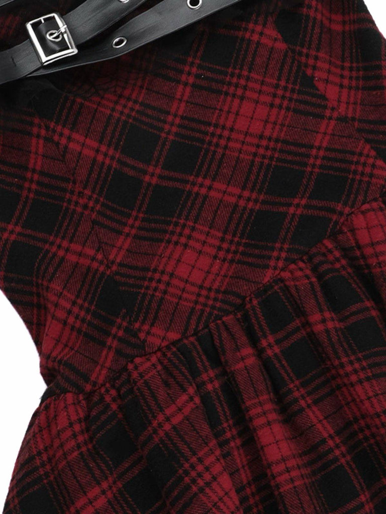 Robe bustier rouge en maille tartan des années 1970