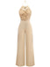 Combinaison beige à dos nu froncé et ornée perles jambes larges années 60