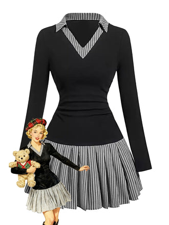 Robe à col en V rayée et plissée effet deux-en-un années 1960