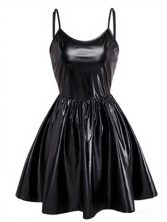Robe de soirée noire à fines bretelles métallisées années 1980