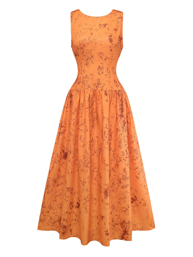 Robe Orange Coton Sans Manches Imprimée Ajustée Années 1930