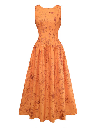 Robe Orange Coton Sans Manches Imprimée Ajustée Années 1930