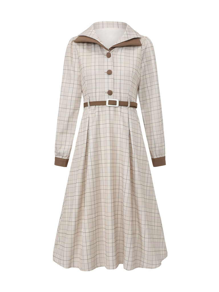 Robe Chemise Beige À Carreaux Ceinturée Boutonnée Année 1940