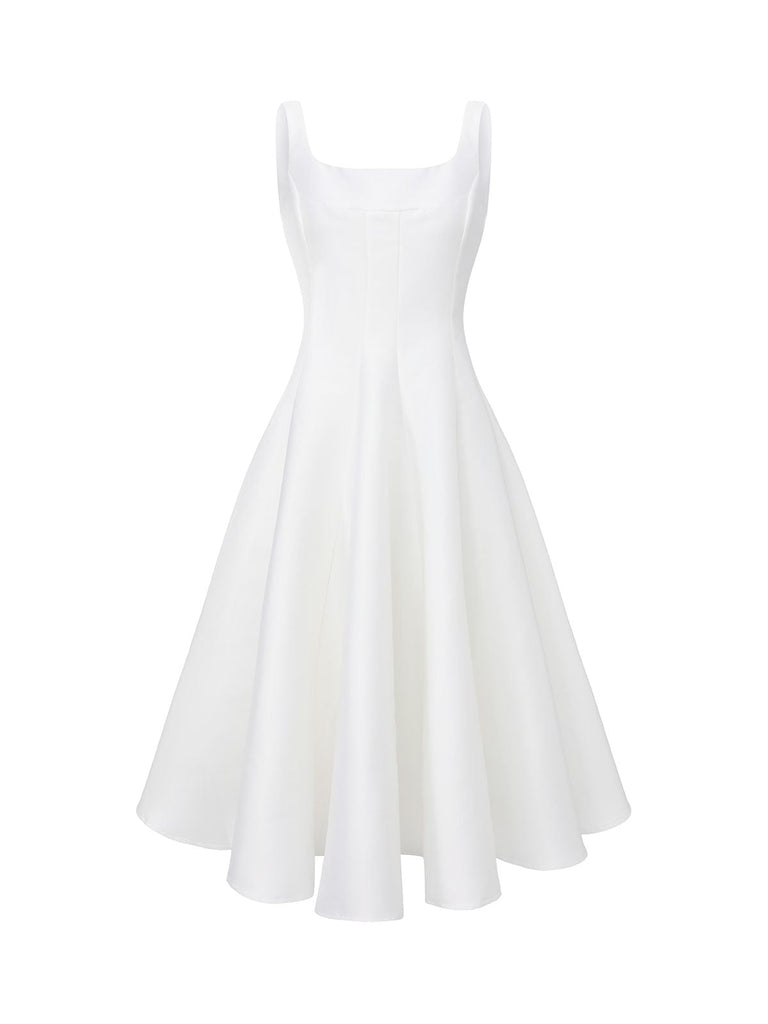 Robe de soirée blanche unie à larges bretelles des années 1950