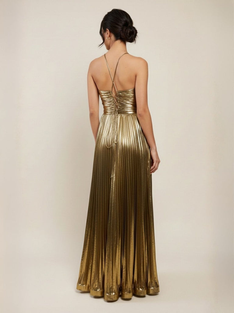 Robe plissée dorée à dos nu et col croisé années 1930