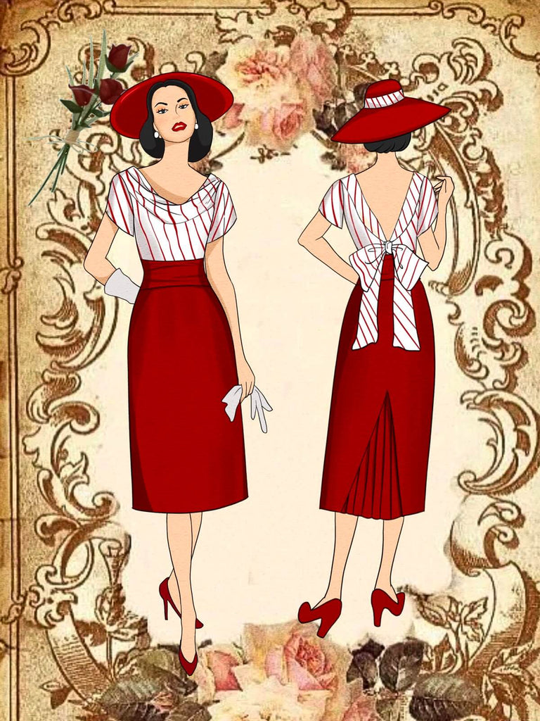 Robe crayon patchwork à rayures rouges années 1950