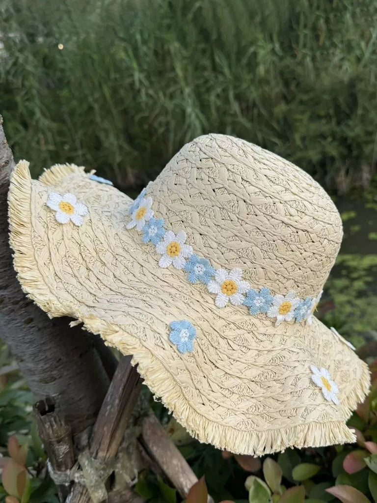 Chapeau de soleil à franges en raphia 3D à motif marguerite