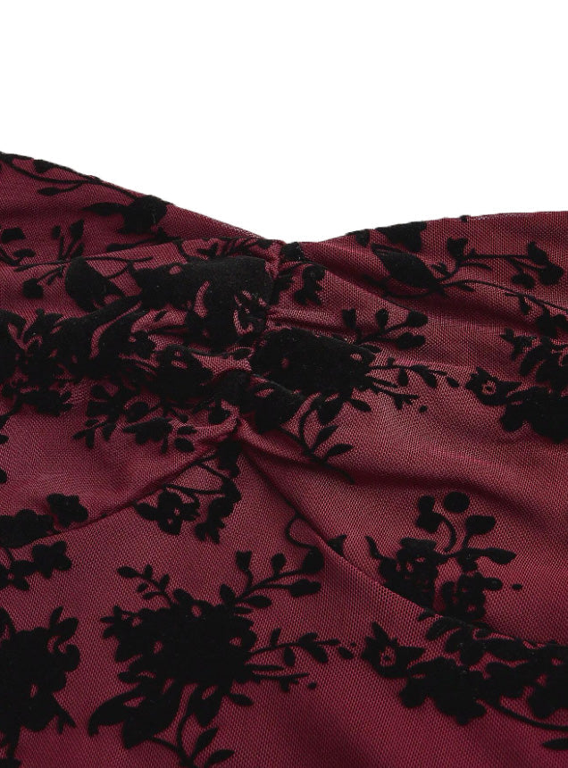[Prévente] Robe vin rouge en dentelle florale manches évasées des années 1950
