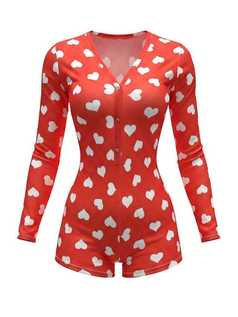 Combinaison pyjama col en V et imprimé cœur années 80