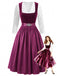 Robe à Col Carré en Velours à Pois et Tablier et Top en Dentelle Prune Années 1950