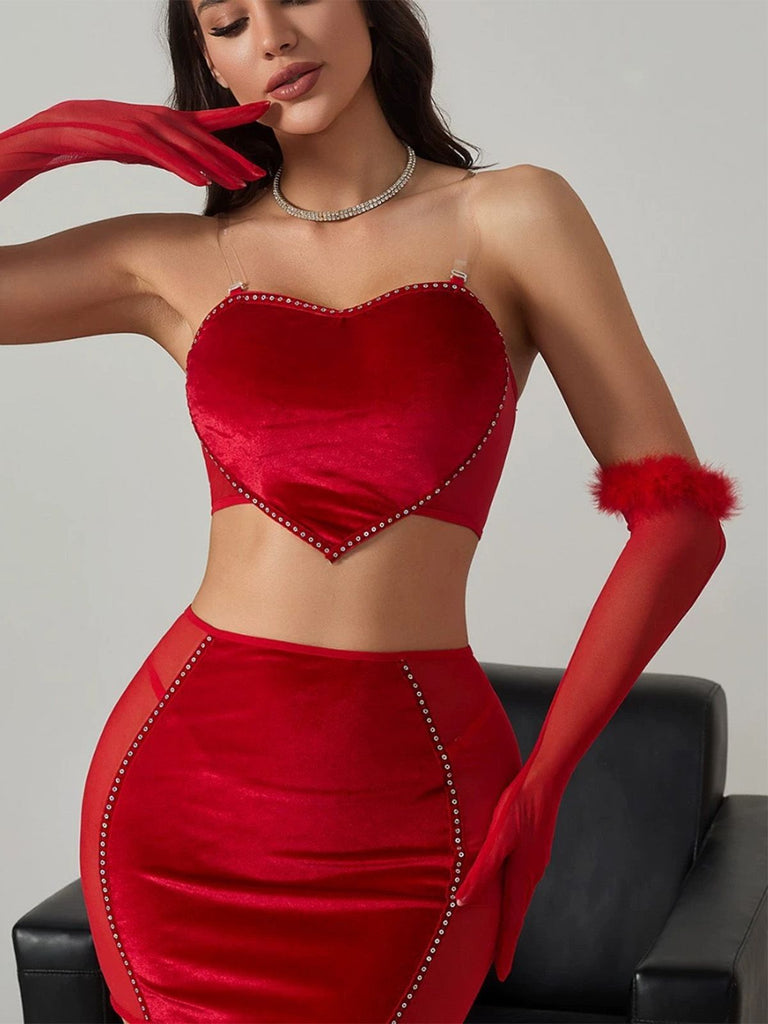 2PCS Ensemble crop top et jupe en velours rouge années 1980