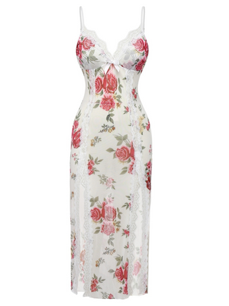 Chemise de nuit bordures en dentelle roses à bretelles années 1930