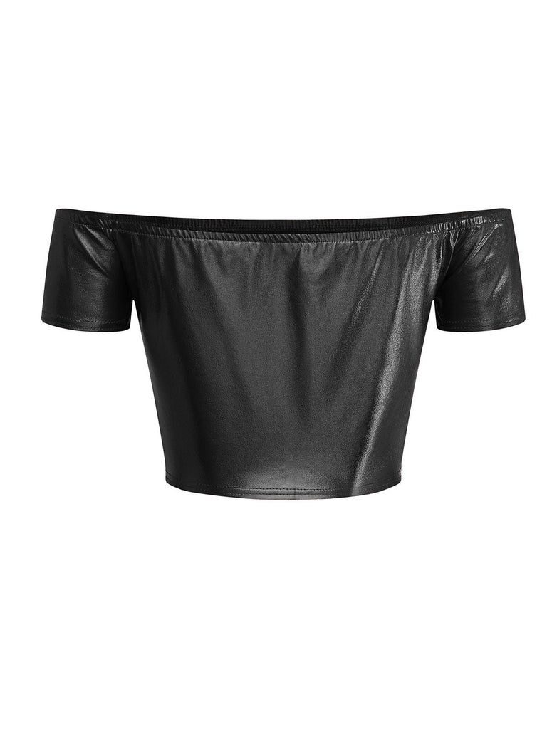 1970s Haut disco métallisé à épaules dénudées et manches courtes