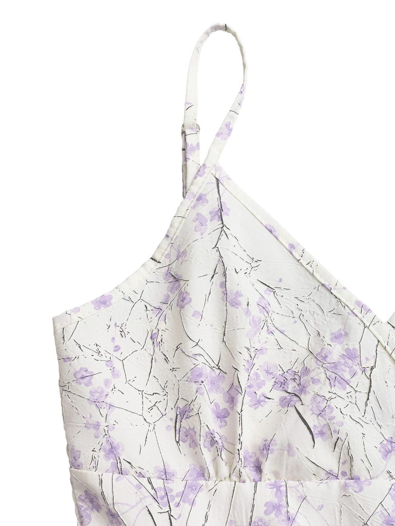 Combishort bretelles spaghetti violette floral années 1970