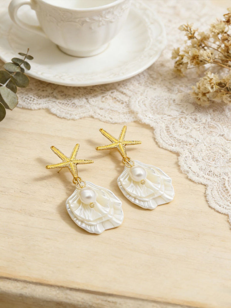 Boucles d'oreilles pendantes en coquillage d'étoile de mer doré perle
