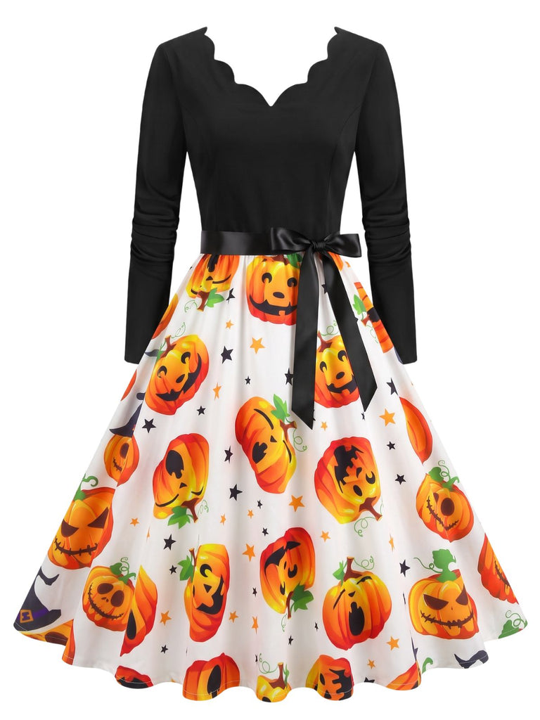 Robe d’Halloween à citrouilles et étoiles, col pétale années 1950