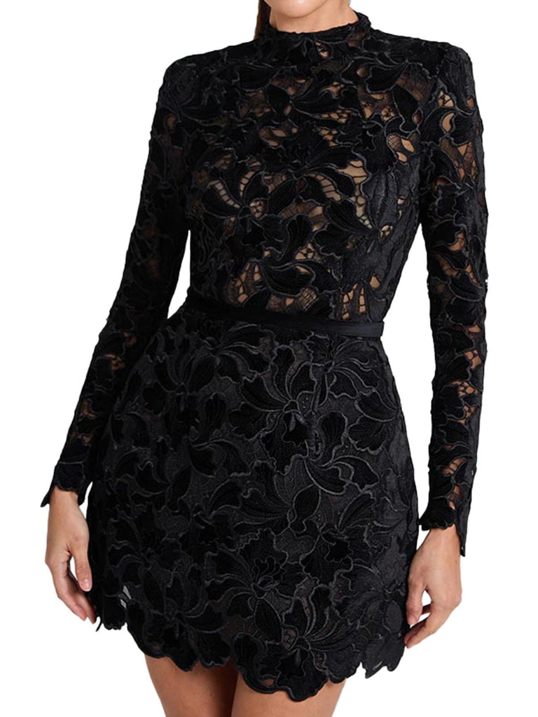 Robe col roulé mi-long en dentelle florale floquée années 1960