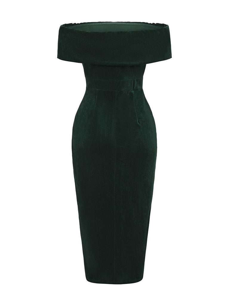 Robe mi-longue à épaules dénudées en velours uni des années 1980