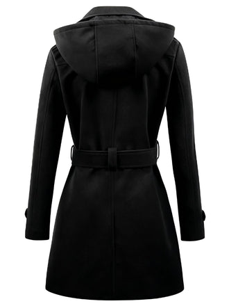 Manteau noir à capuche croisé en fausse laine années 1970