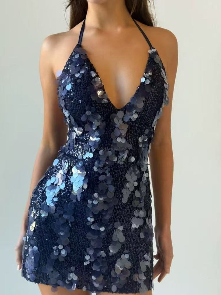 Robe nuisette unie à sequins bleu foncé années 2000