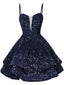 Robe de soirée bleu à paillettes décolleté en V profond et lacets années 1950