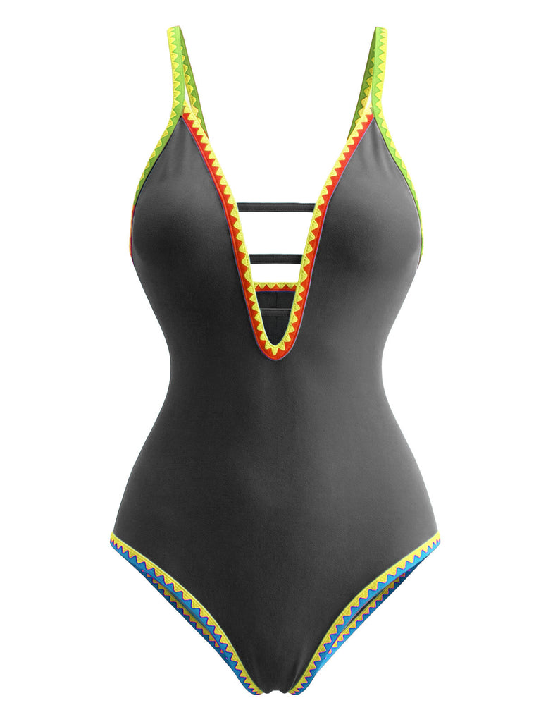 Maillot de bain une pièce à bretelles découpées color block années 1970