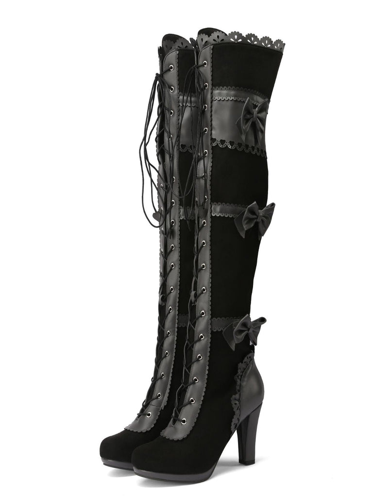 Bottes hautes à talons lacets et nœud style vintage