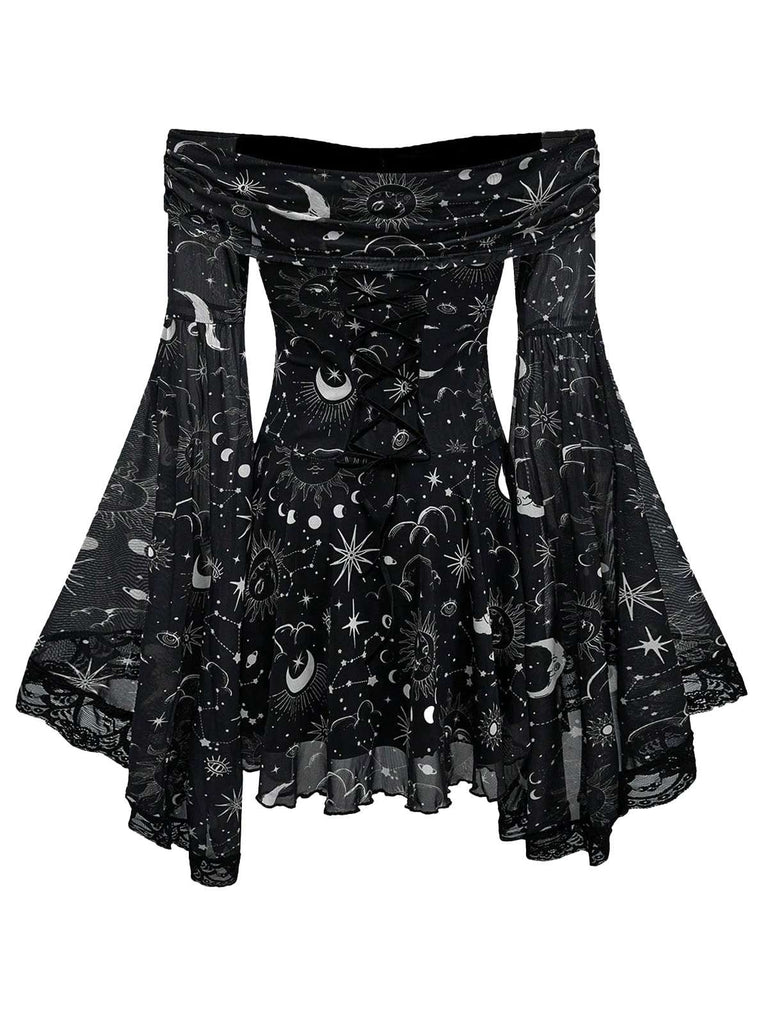 Robe à épaules dénudées manches cloche motif étoile lune et soleil années 80