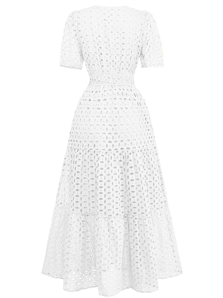 Robe longue volants col V dentelle ajourée années 1940