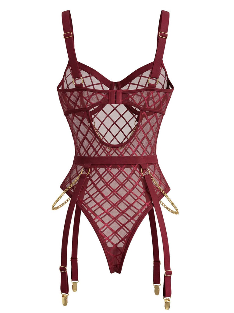 Lingerie en résille transparente à bretelles et chaînes années 1970