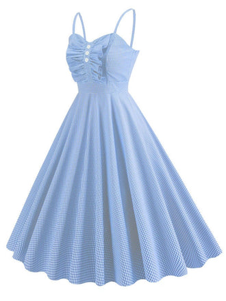 Robe trapèze boutonnée à bretelles spaghetti et carreaux des années 1950