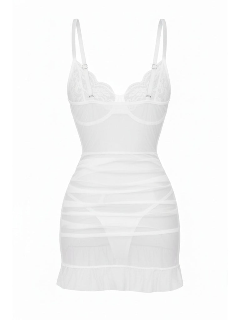 Nuisette en dentelle transparente à armatures et volants années 1980