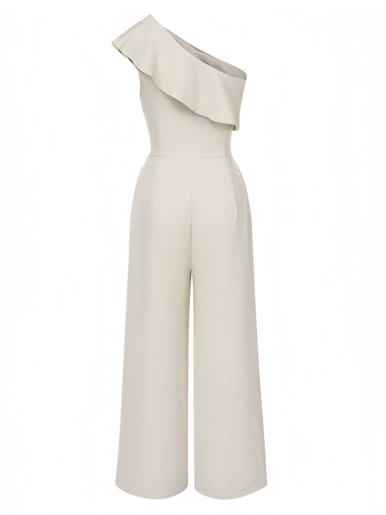 Combinaison beige uni asymétrique à volants étagés des années 1970