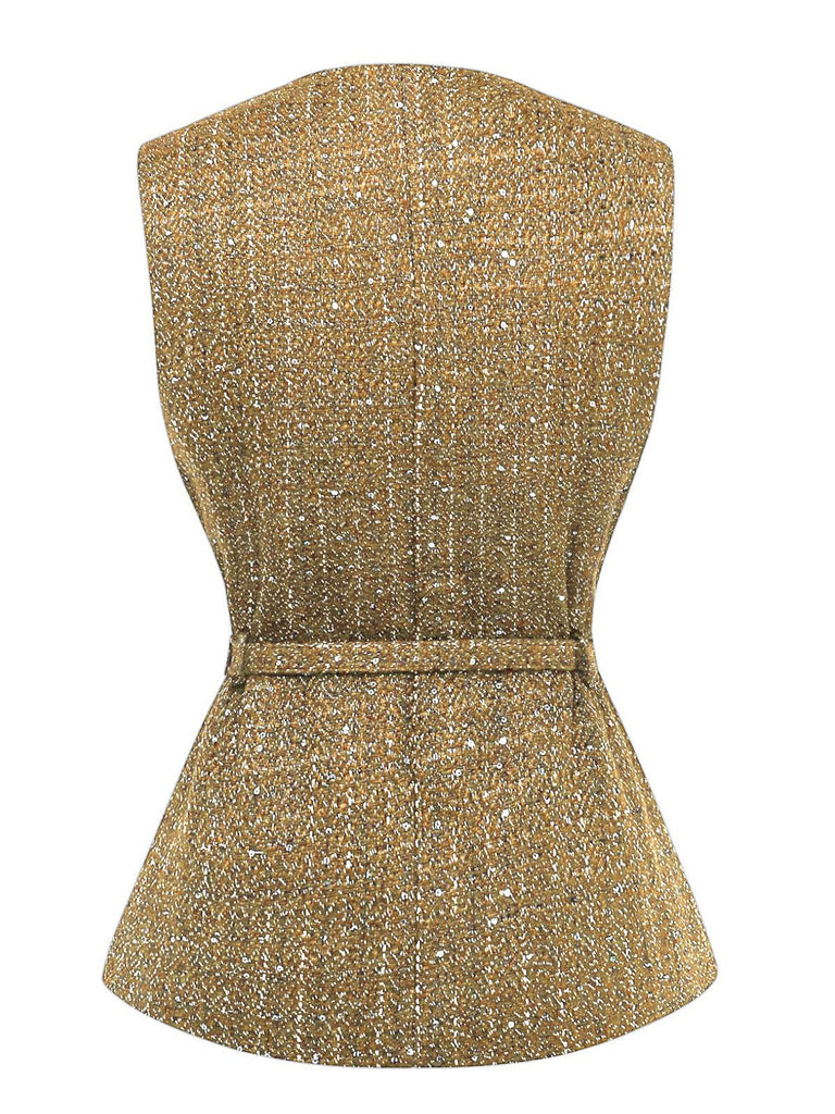 Gilet en tweed uni à boutons et ceinture années 1960