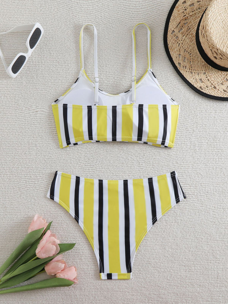 Ensemble bikini à bretelles rayures verticales contrastées nœud années 1940