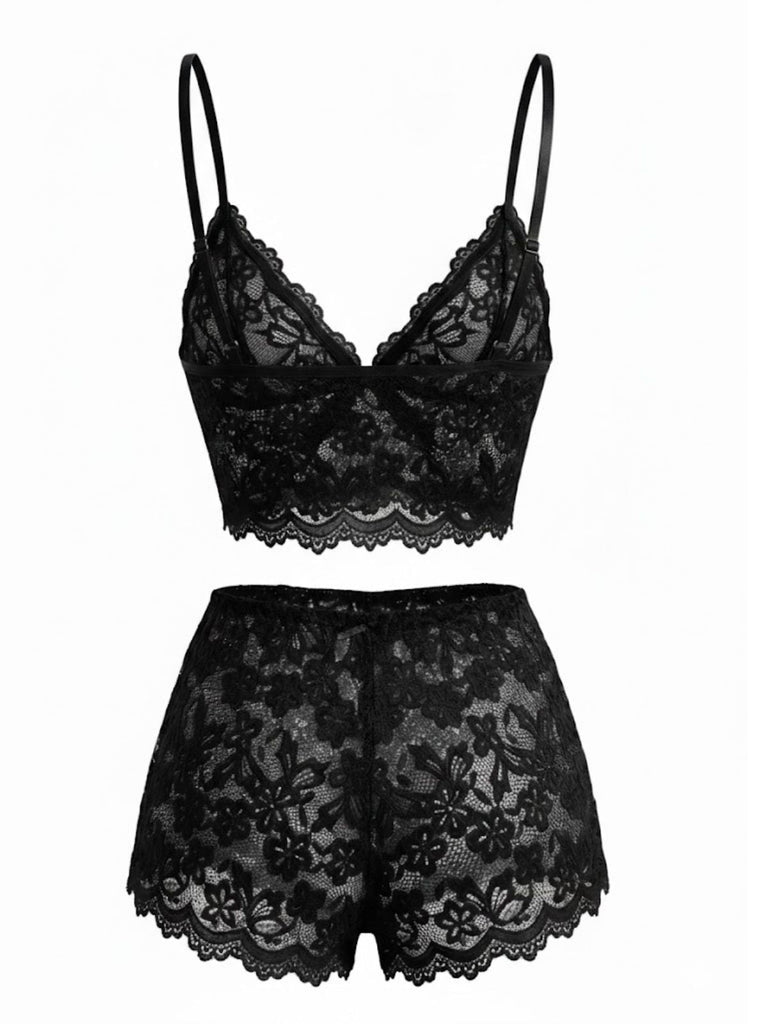 Ensemble De Pyjama Bretelles Fin Dentelle Fleurie Nœud Rouge Année 1960