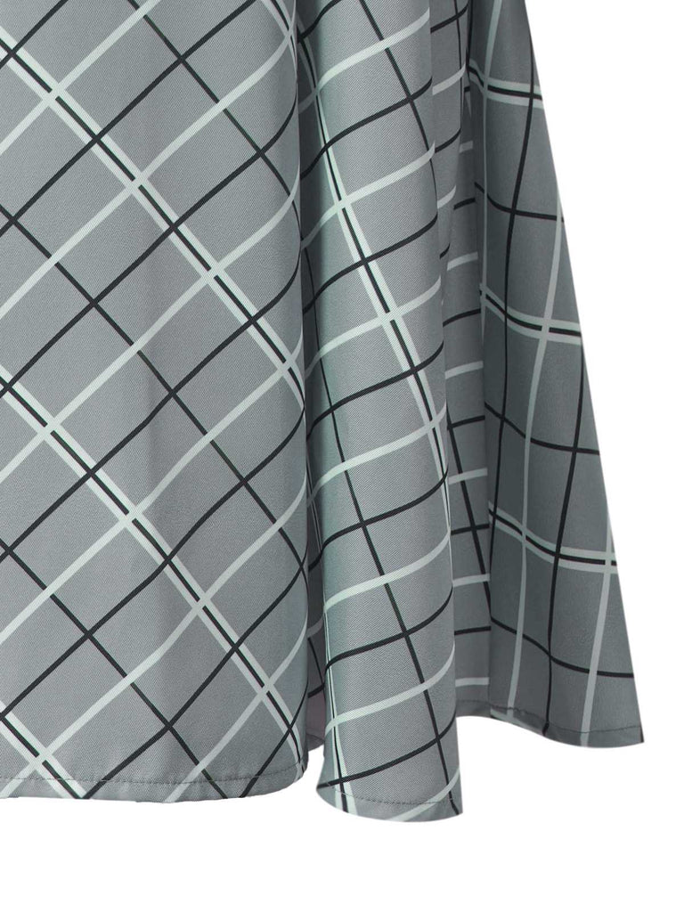 Robe grise à carreaux avec nœud et col claudine des années 1940